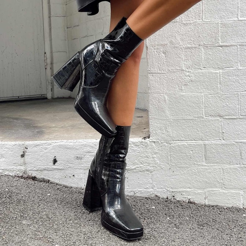 PRINCESS POLLY Jamie Croc Platform Boots Black